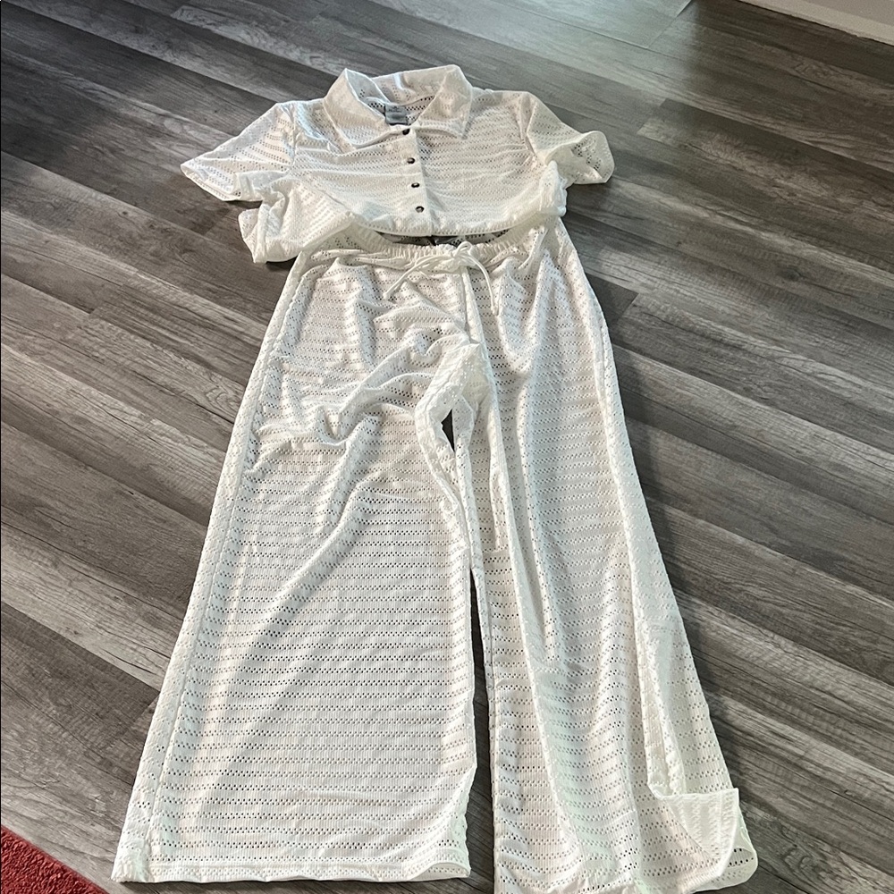 White Button-Up Top and Wide-Leg Pants Set swim cover up.